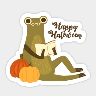 Autumn frog reading a book Happy Halloween Sticker